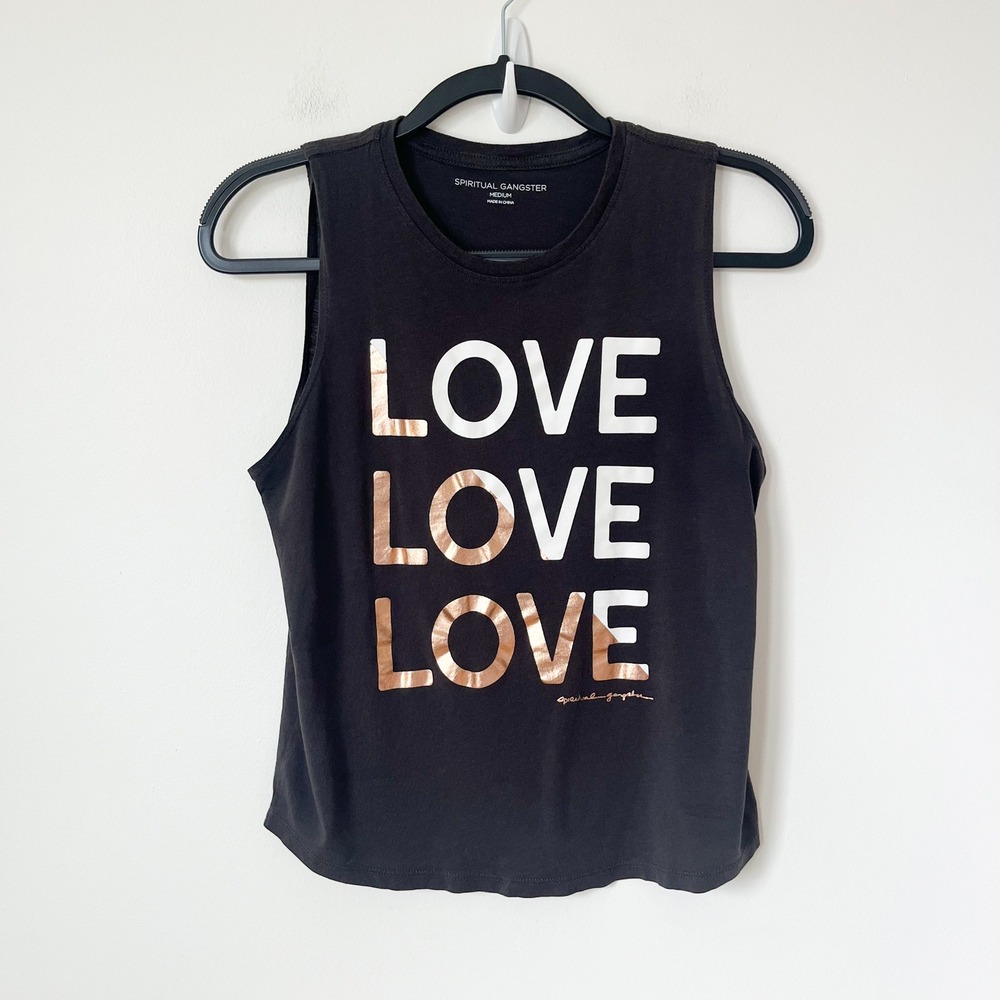 Spiritual Gangster LOVE Black Muscle Tank Top Metallic Rose Gold Womens Medium